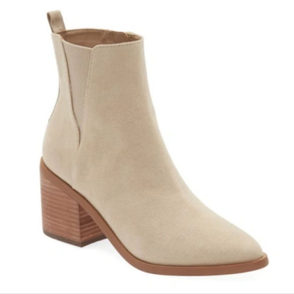 New BP. Baylee Bootie in Beige Taupe suede stretch side high block heeled tan 10